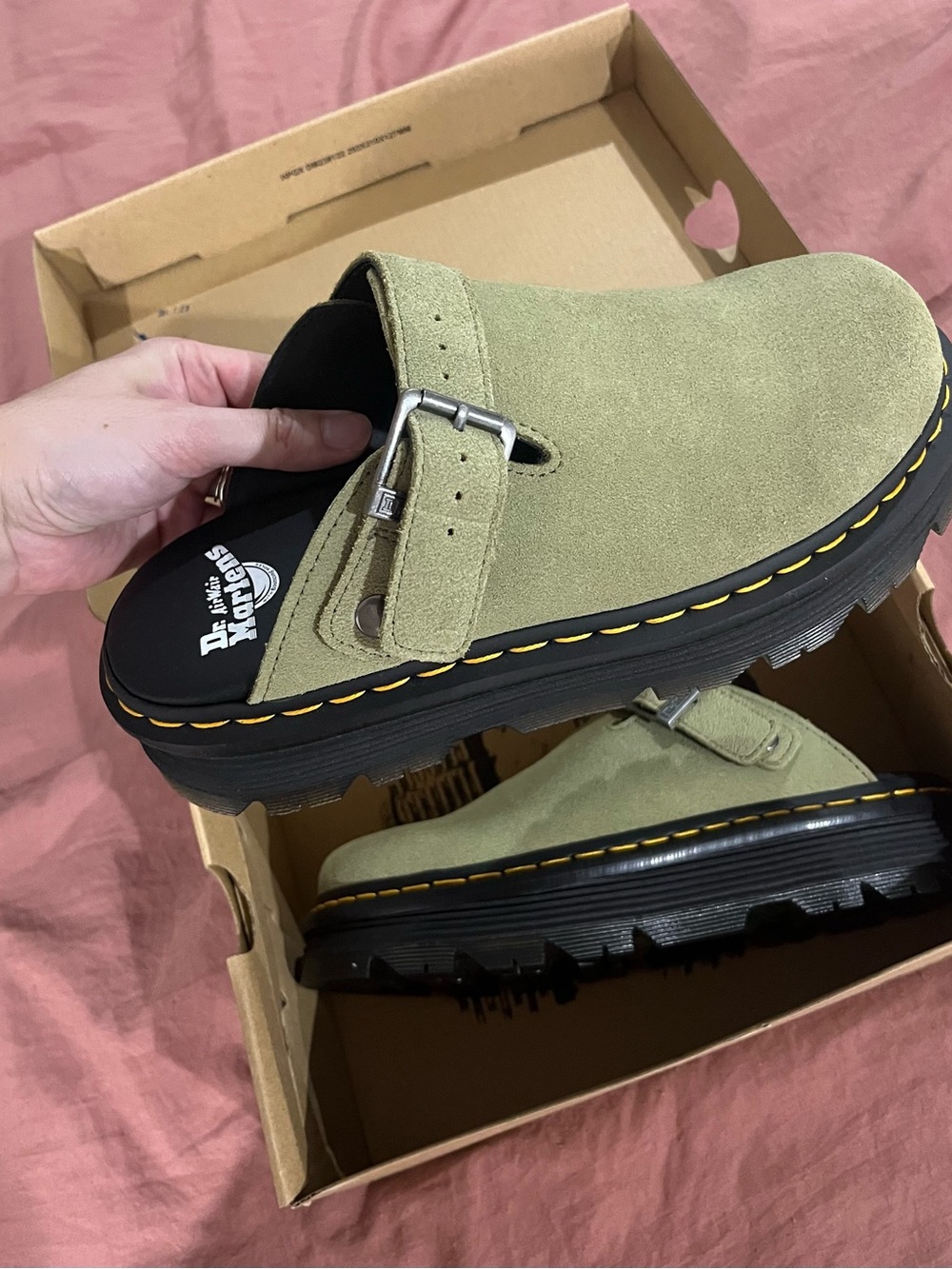 Dr. Martens ZEBZAG Olive Green Suede Platform Clog